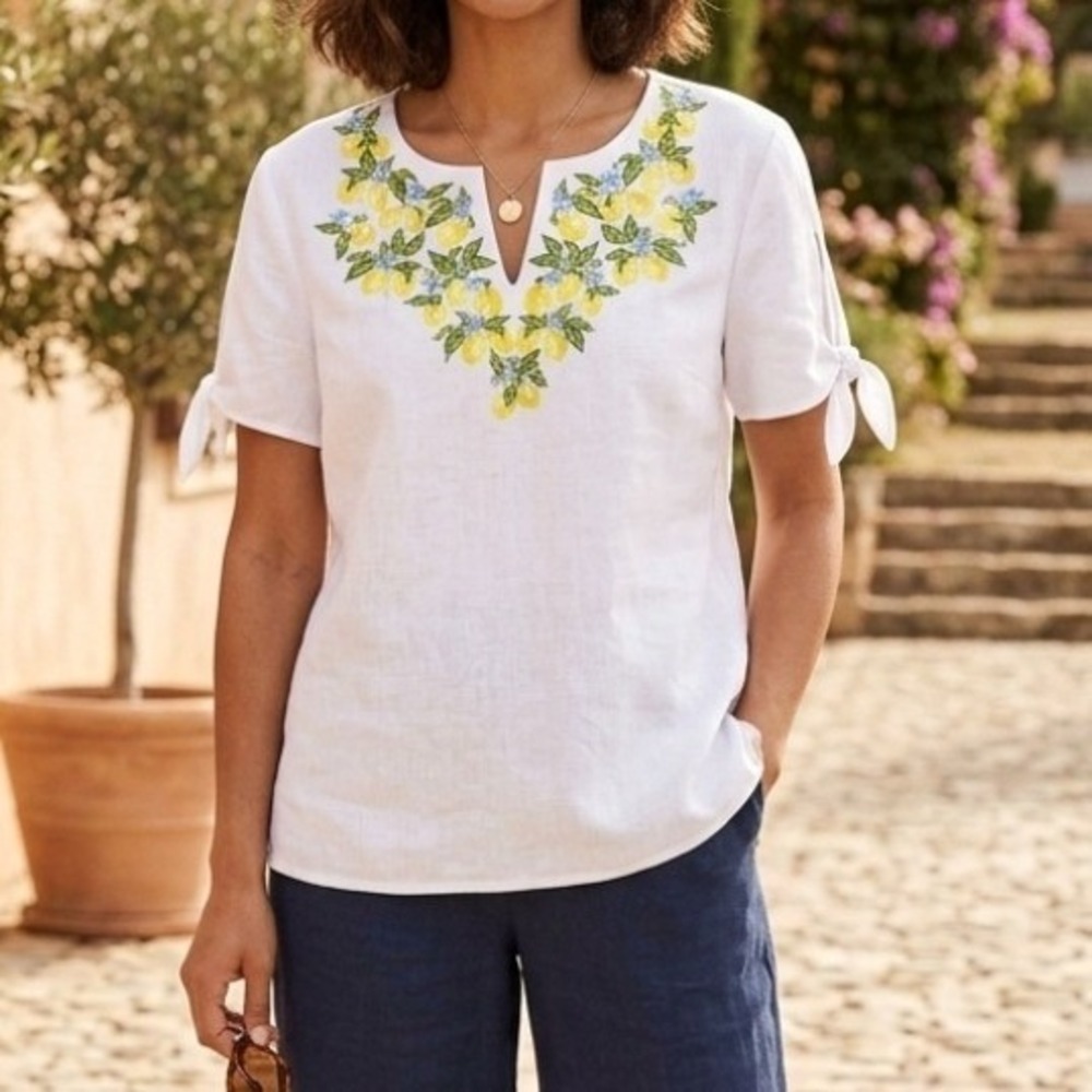 Talbots Womens White Linen Blend Lemon Embroidered Tie Sleeve Blouse Large